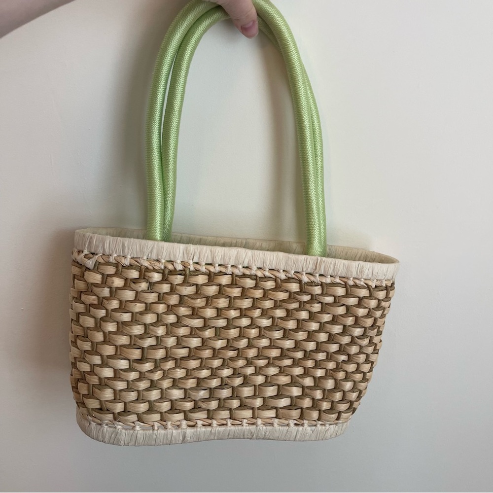 Sak Straw Purse Tote Pale Green Interior Fabric Drawstring Closure Picnic